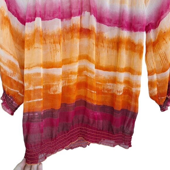 Chicos Colorful Orange & Pink Sheer Layering Blouse w Elastic Hem 0 / S - Picture 5 of 9